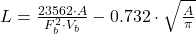 L = \frac{23562 \cdot A}{F_b^2 \cdot V_b} - 0.732 \cdot \sqrt{\frac{A}{\pi}}
